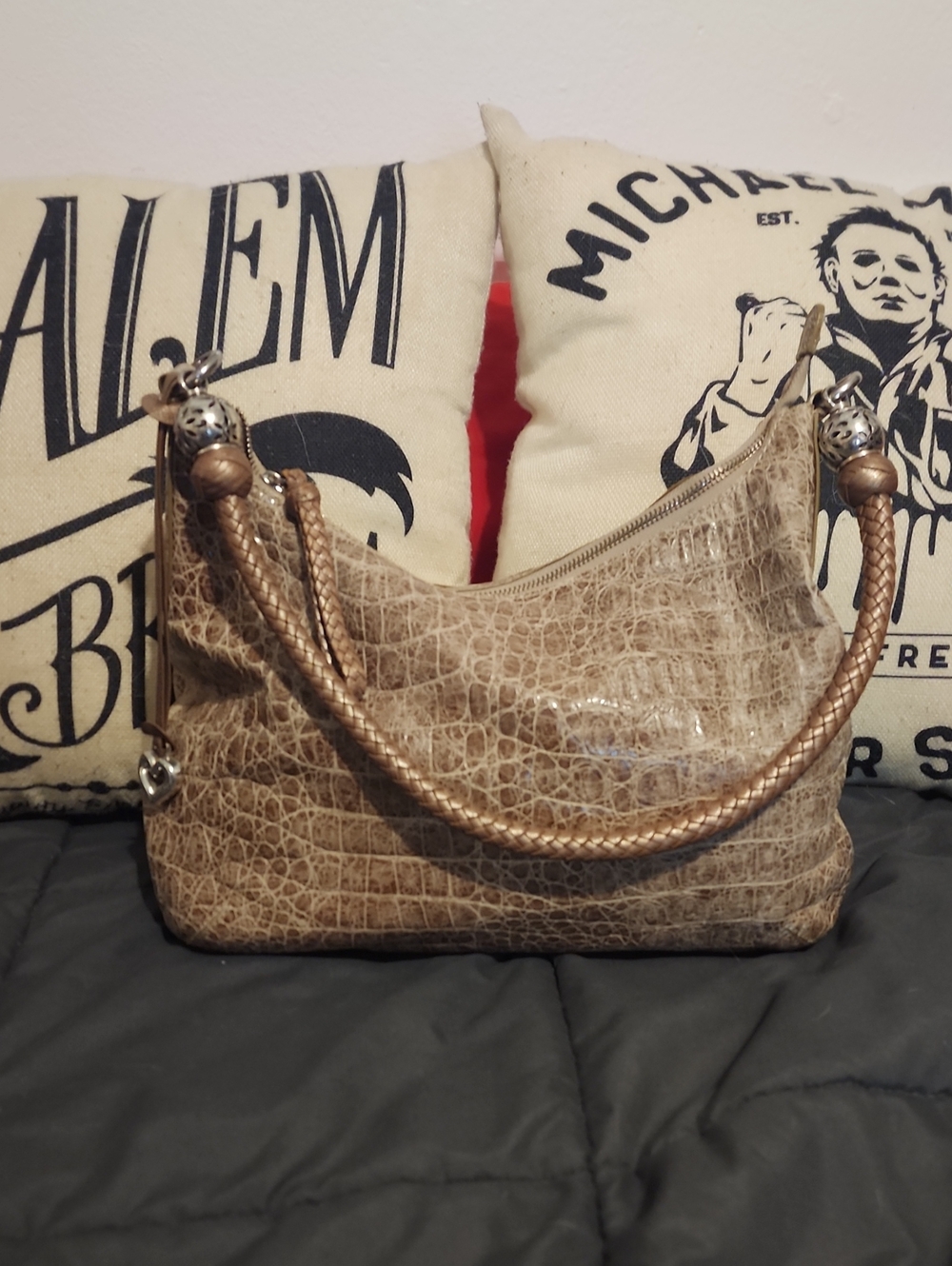 Brighton Croc-Embossed Hobo Shoulder Bag in Taupe Brown